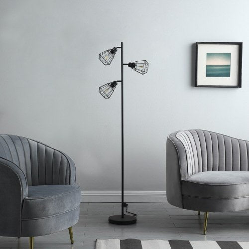65" Adjustable Cage Shade Industrial Farmhouse Metal Floor Lamp - Black Matte Finish, E26 Edison Bulb Compatible, 3-Light, UL Recognized