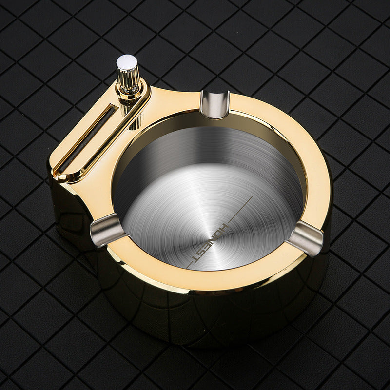 Multifunctional Metal Ashtray with Permanent Match Lighter – Large Windproof Cigar Ash Tray with 3 Slots & Refillable Flint Fire Starter – Cool Ashtrays for Indoor/Outdoor Use (Blue/Black/Gold)