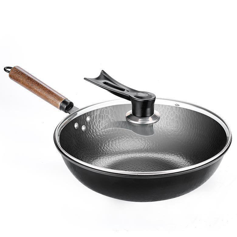 Premium High-Purity Cast Iron Pan with Wooden Handle & Lid – Non-Stick, Induction Compatible, Heat-Resistant Cooking Pan (40x32x10 cm)