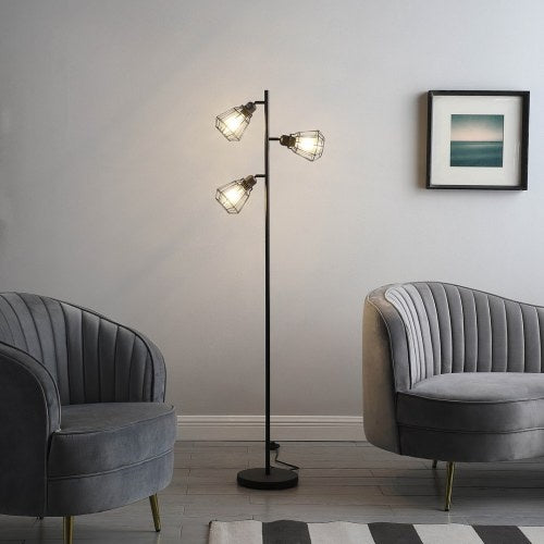 65" Adjustable Cage Shade Industrial Farmhouse Metal Floor Lamp - Black Matte Finish, E26 Edison Bulb Compatible, 3-Light, UL Recognized