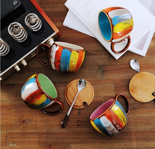 European-Style Handmade Ceramic Cup with Lid and Spoon – 350ml Vibrant Color Breakfast Mug