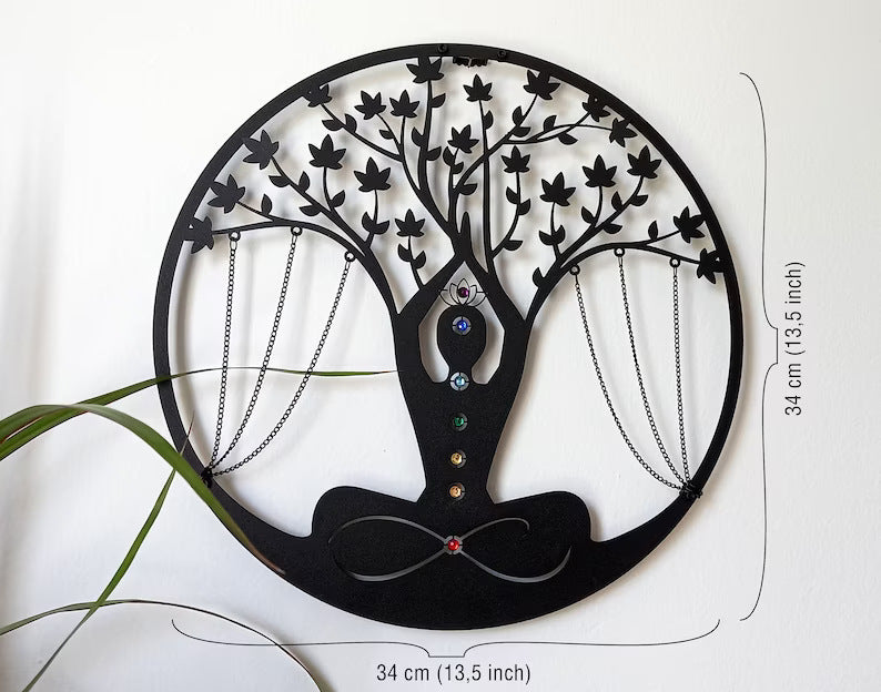 Handmade Iron Yoga Meditation Wall Hanging – 34×34cm Black Figure Pendant for Spiritual & Art Décor