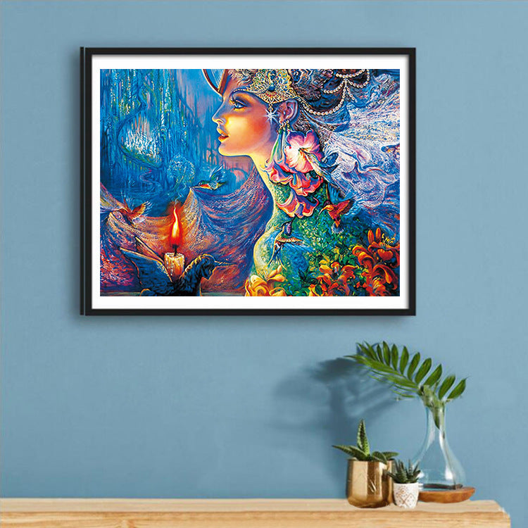 Magical Unicorn & Princess Castle Wall Art – Hummingbird, Flowers, Candle & Tiara Fantasy Illustration on Canvas – Kids Room or Nursery Decoration