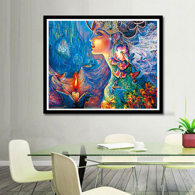 Magical Unicorn & Princess Castle Wall Art – Hummingbird, Flowers, Candle & Tiara Fantasy Illustration on Canvas – Kids Room or Nursery Decoration