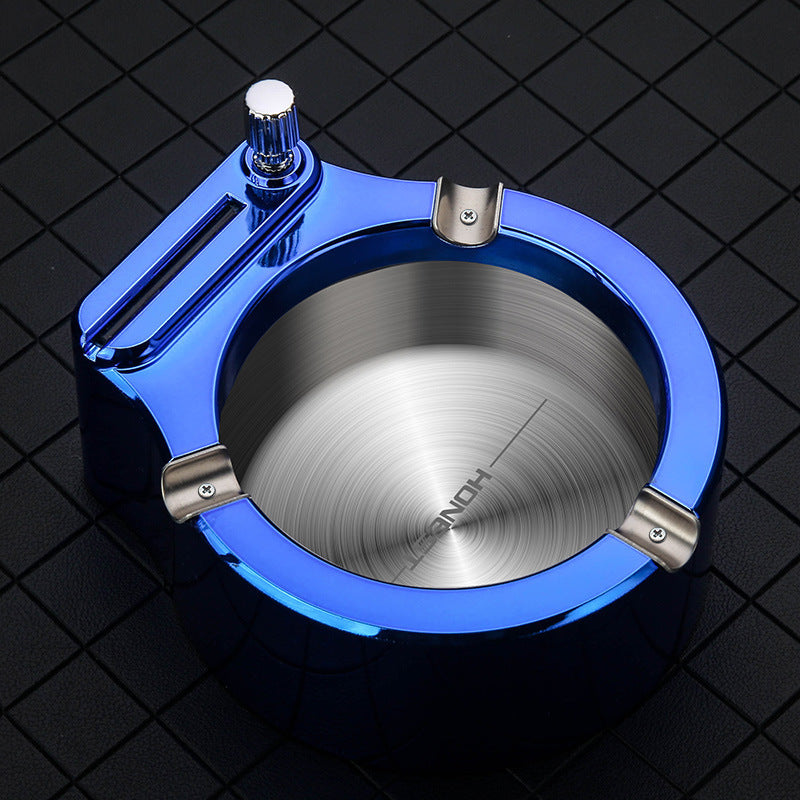 Multifunctional Metal Ashtray with Permanent Match Lighter – Large Windproof Cigar Ash Tray with 3 Slots & Refillable Flint Fire Starter – Cool Ashtrays for Indoor/Outdoor Use (Blue/Black/Gold)
