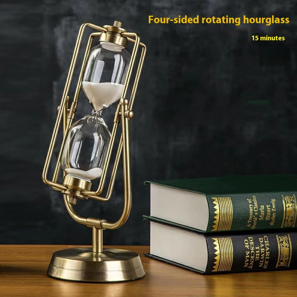 Creative Rotating Hourglass Timer – 15-Minute Metal & Wood Decorative Sand Clock for Desk, Study Room, or Gift Giving