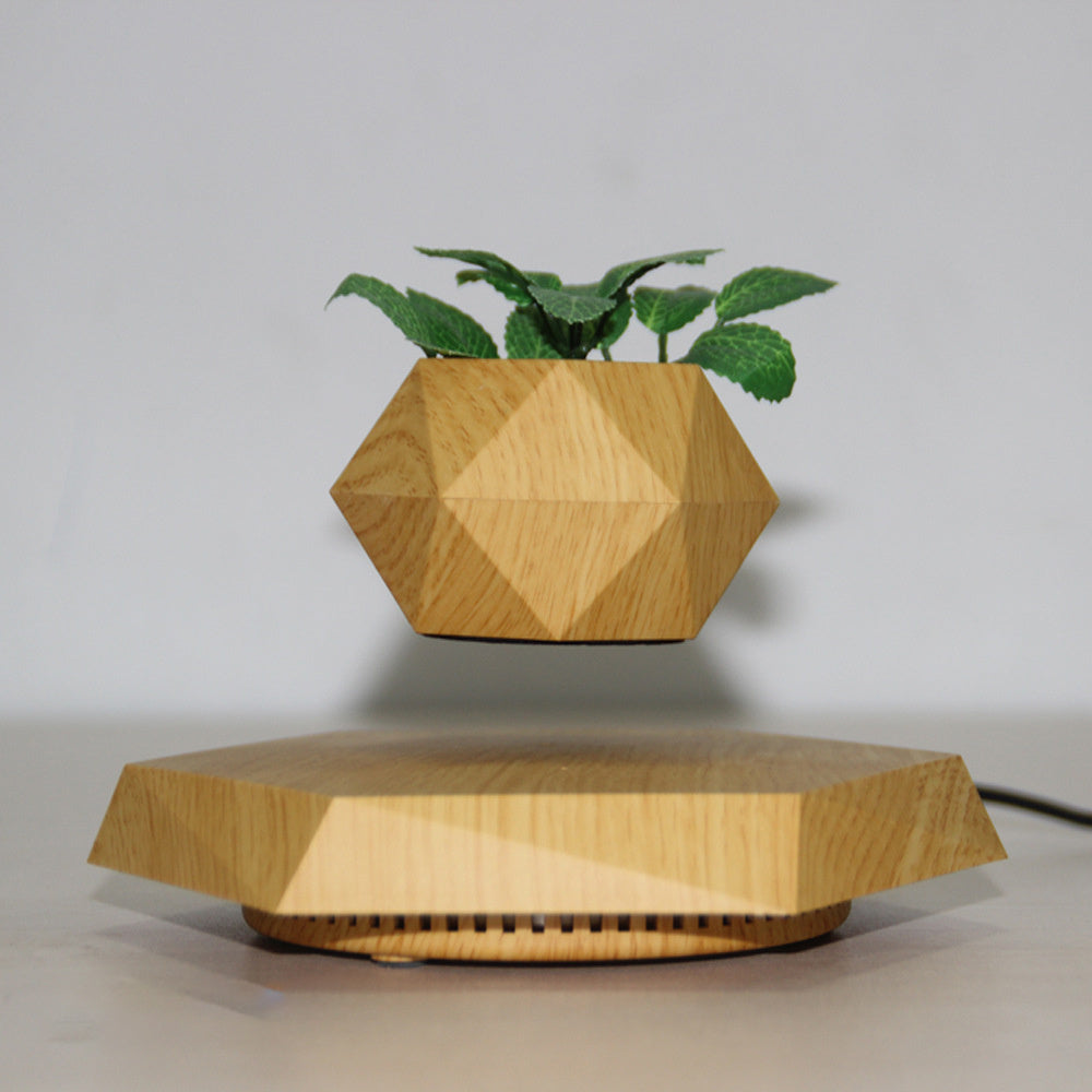Magnetic Levitating Flower Pot – Floating Bonsai Air Planter with Hexagonal Wood Grain Base for Home & Office Desk Decor – Creative Gift for Plant Lovers