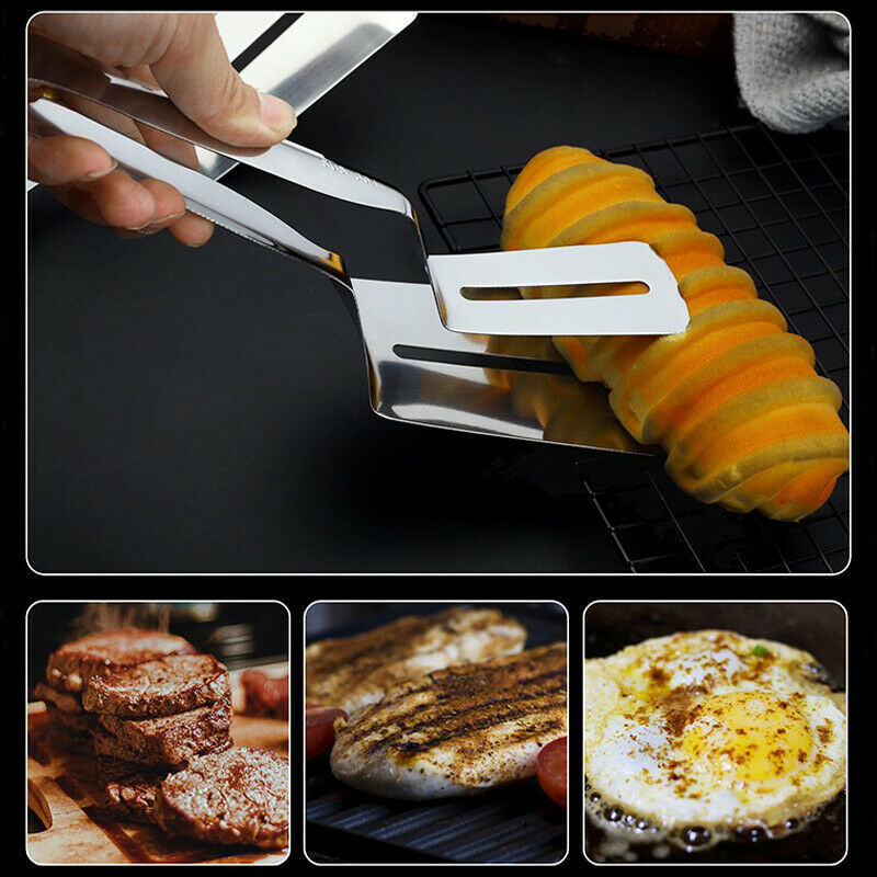 10" 304 Stainless Steel Steak & Food Clamp Tongs — Hollow Design, Mirror Polished BBQ & Kitchen Cooking Tool