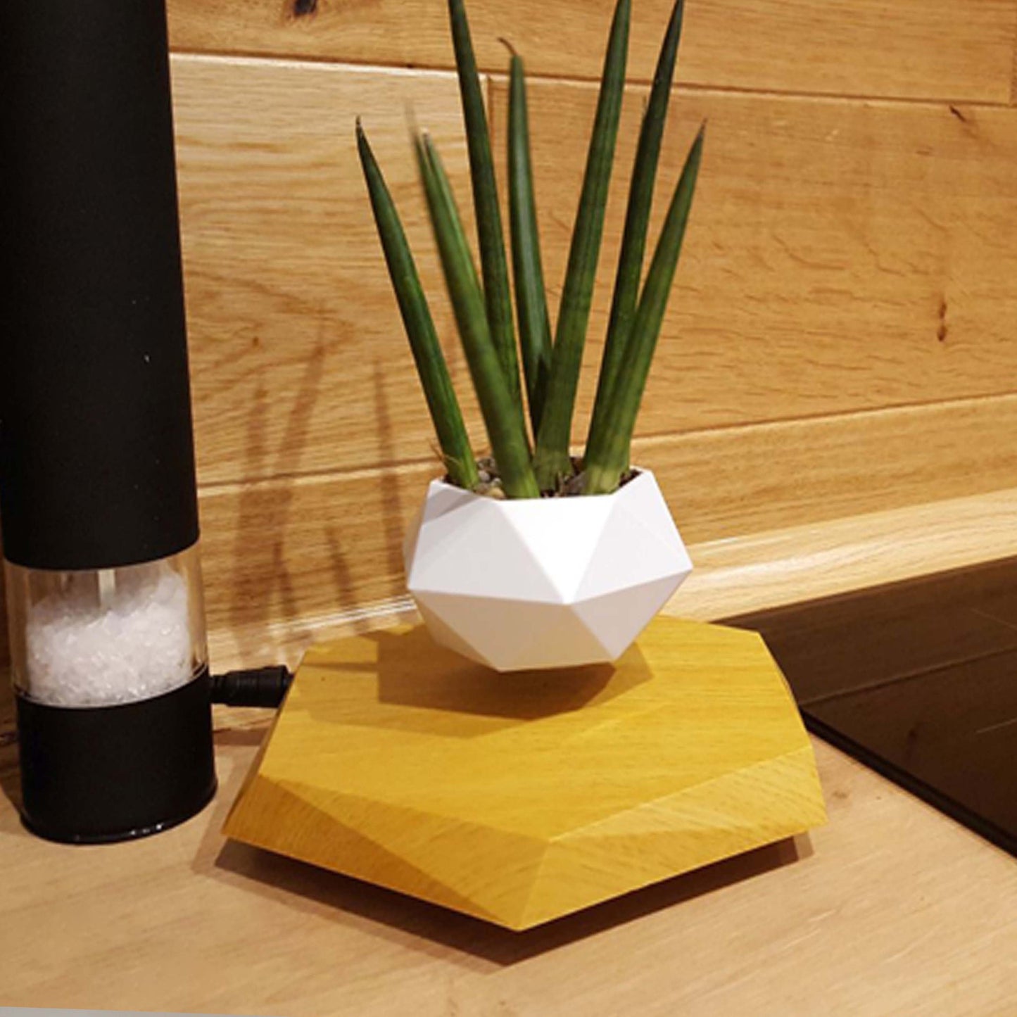 Magnetic Levitating Flower Pot – Floating Bonsai Air Planter with Hexagonal Wood Grain Base for Home & Office Desk Decor – Creative Gift for Plant Lovers