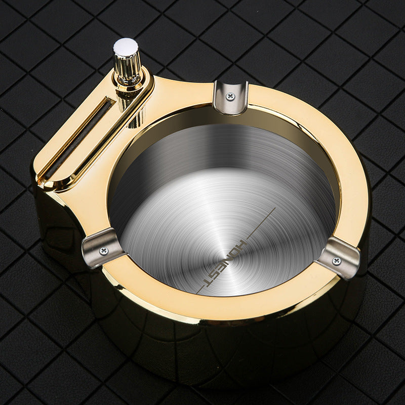 Multifunctional Metal Ashtray with Permanent Match Lighter – Large Windproof Cigar Ash Tray with 3 Slots & Refillable Flint Fire Starter – Cool Ashtrays for Indoor/Outdoor Use (Blue/Black/Gold)