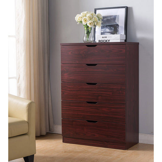 5-Drawer Bedroom Dresser, Home Chest Cabinet with Cut-Out Handles – Mahogany Finish