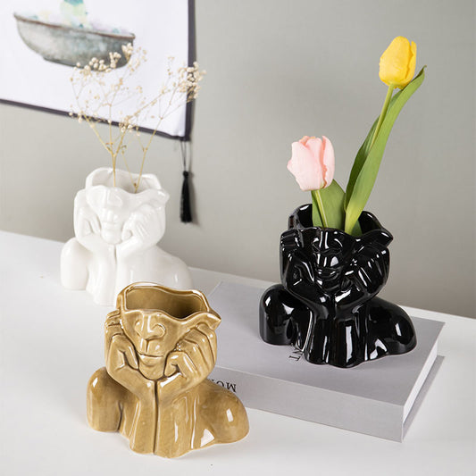 Modern Ceramic Flower Vase – Sculptural Home Decor Planter for Tabletop or Floor Display – Decorative Pot for Indoor Gardening, Offices, Hotels & Living Spaces (White/Black/Yellow)