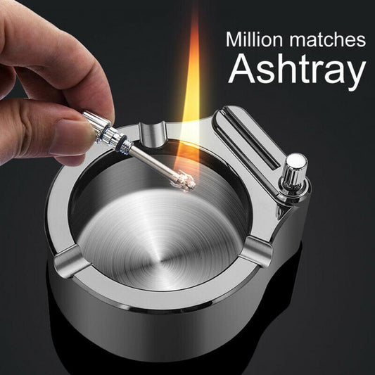 Multifunctional Metal Ashtray with Permanent Match Lighter – Large Windproof Cigar Ash Tray with 3 Slots & Refillable Flint Fire Starter – Cool Ashtrays for Indoor/Outdoor Use (Blue/Black/Gold)