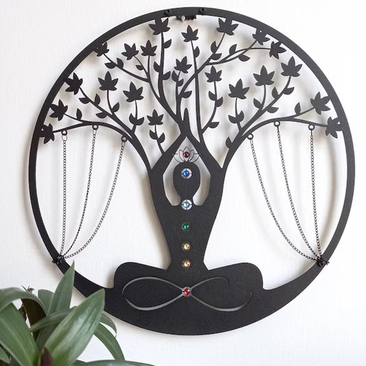Handmade Iron Yoga Meditation Wall Hanging – 34×34cm Black Figure Pendant for Spiritual & Art Décor