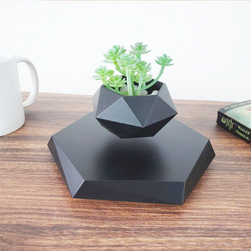 Magnetic Levitating Flower Pot – Floating Bonsai Air Planter with Hexagonal Wood Grain Base for Home & Office Desk Decor – Creative Gift for Plant Lovers