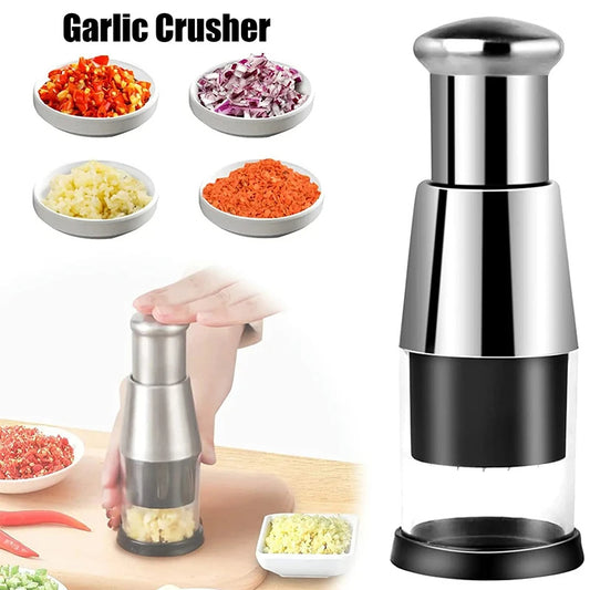 Multi-Functional Manual Garlic Crusher & Vegetable Chopper with Stainless Steel Blades — Easy Press Garlic Squeezer & Onion Chopper Kitchen Gadget
